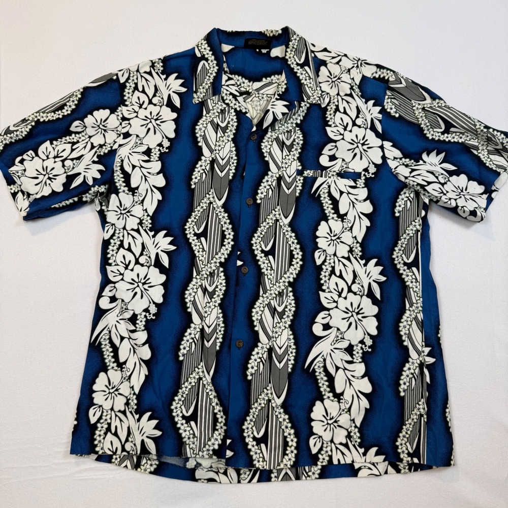 Royal Creations Mens XL Hawaiian Shirt Blue Floral Surfboard Hibiscus‎ Cotton